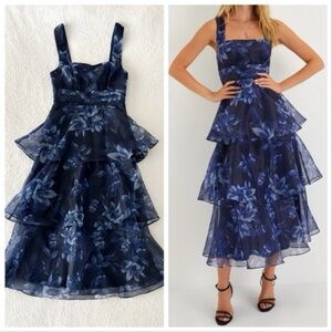 Lulu's Navy Floral Tiered Midi Dress